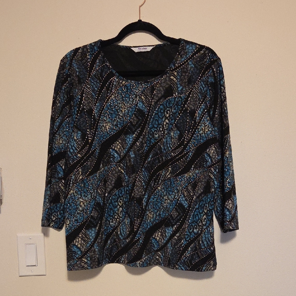Blue Black Gold Pattern Tanjay 3/4 Sleeve Blouse